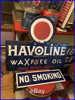 Vtg Rare Gas Station Havoline Wax Free Oil Porcelain Sign Indian Refining Co USA