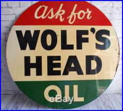 Wolf's Head Oil Sign, Vintage 1950 Double Sided, 36 Round Metal Sign