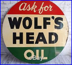 Wolf's Head Oil Sign, Vintage 1950 Double Sided, 36 Round Metal Sign
